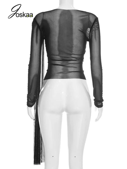 Women's Mesh Ruched Long Sleeve Bodycon Top - Detail View
