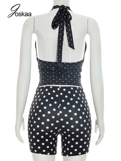 Women's Polka Dot Ruched V-neck Halter Two Piece Set - Detail View