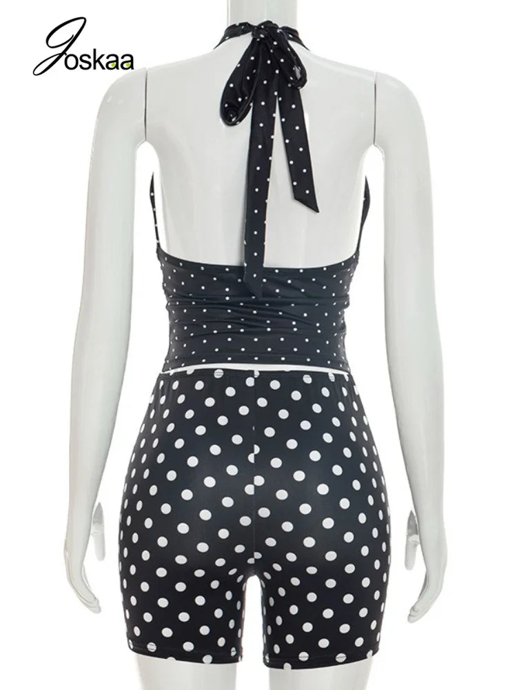 Women's Polka Dot Ruched V-neck Halter Two Piece Set - Detail View