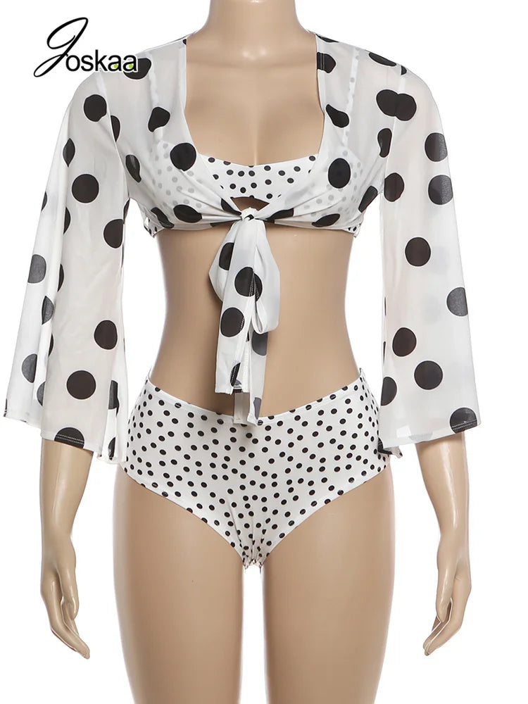 Women's Polka Dot Long Sleeve Two Piece Set White – Back View