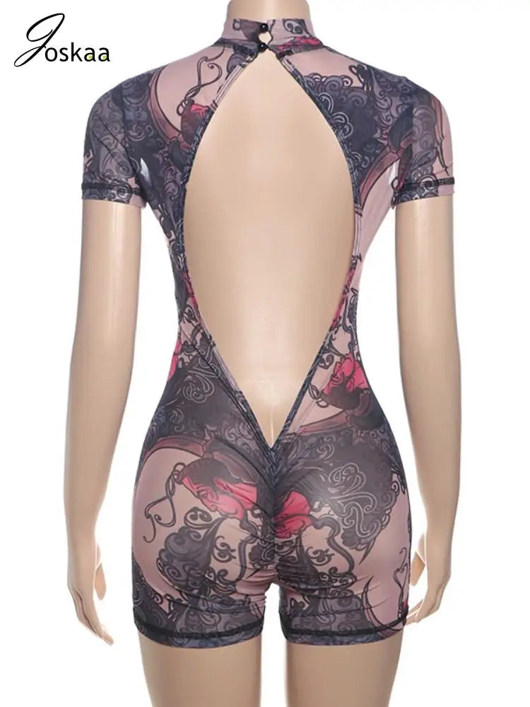 Wholesale Women's Mesh Backless High Waist Romper Pink – Detail View