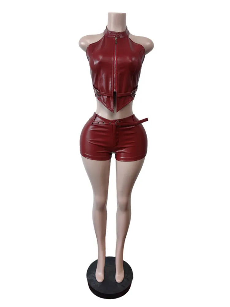 Joskaa Faux Leather Backless Halter Two Piece Set - two piece set image 6