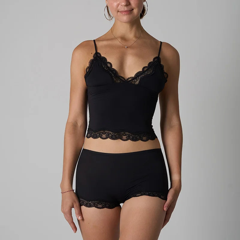 Women's Lace Crop Trim Camisole and Two Piece Set