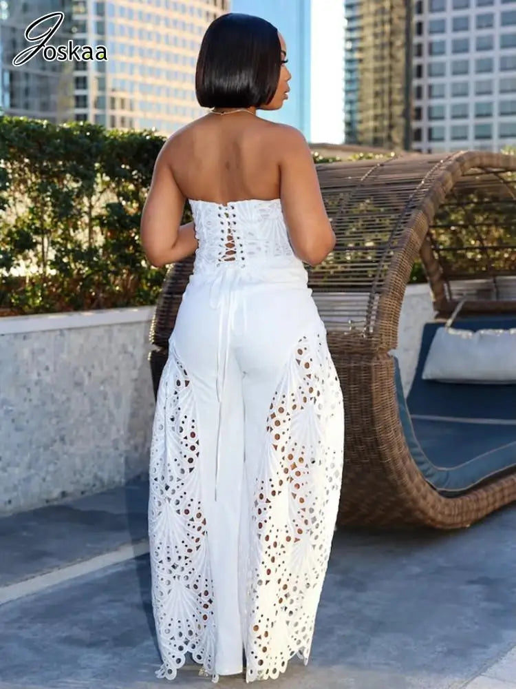 Women's Lace Strapless Flare Two Piece Set White – Front View