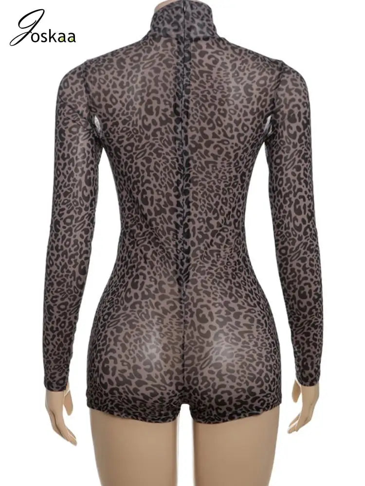 Women's Leopard Print Mesh Long Sleeve Romper Black – Side View