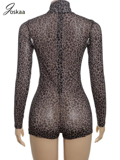 Women's Leopard Print Mesh Long Sleeve Romper Black – Side View