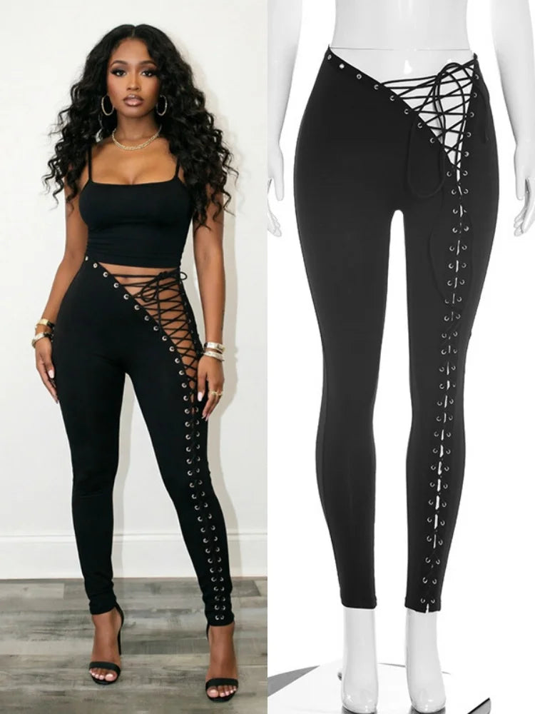 Women's Lace Cutout Bodycon Pants Lace-up Tight Trousers - Additional View 8