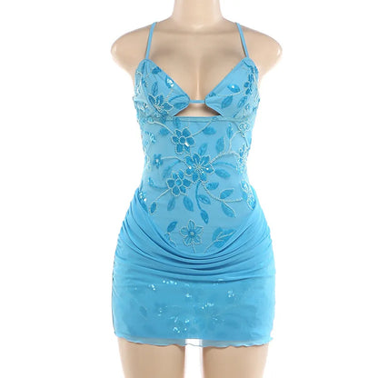 Women's Mesh Sequin Backless V-neck Mini Dress - Additional View 9