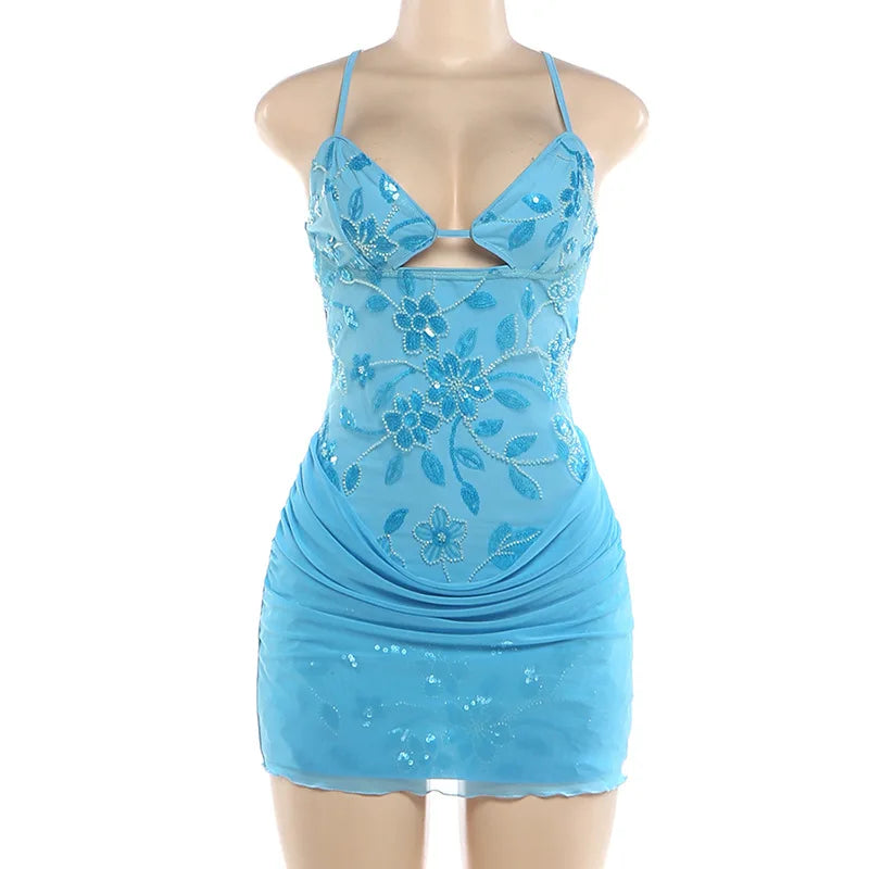 Women's Mesh Sequin Backless V-neck Mini Dress - Additional View 9