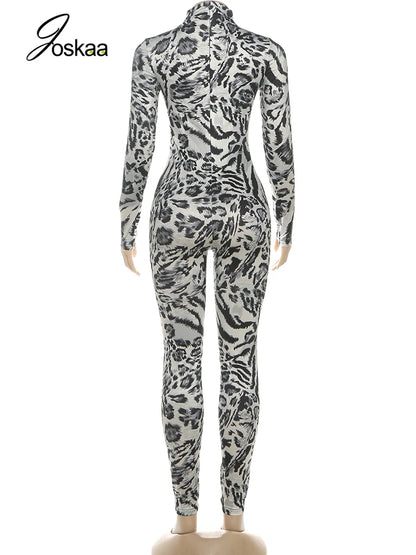 Women's Leopard Print Long Sleeve Bodycon Romper Gray – Detail View
