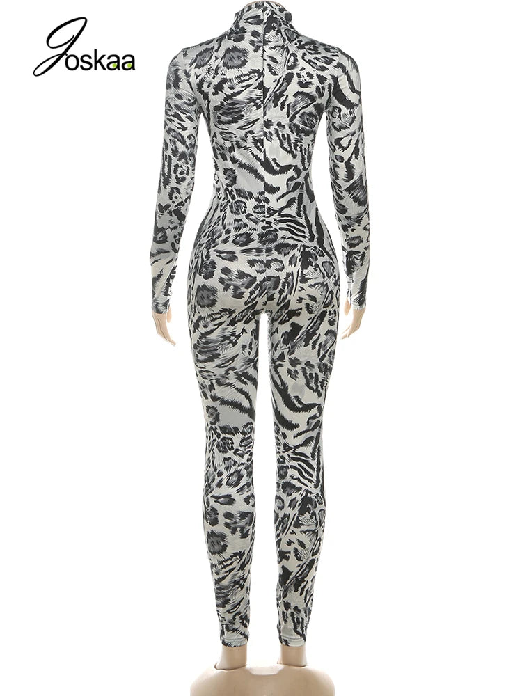 Women's Leopard Print Long Sleeve Bodycon Romper Gray – Detail View