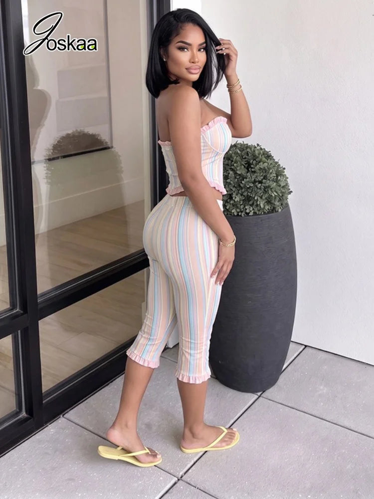 Women's Striped Strapless One Shoulder High Waist Two Piece Set - Side View