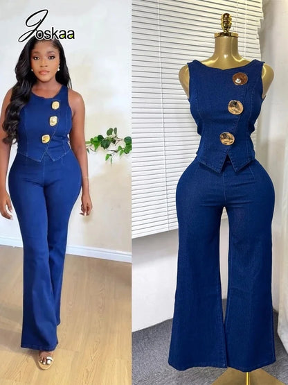 Women's Denim Crop Flare Zip Wide Leg Two Piece Set – Women's Fashion Wholesale – Front View