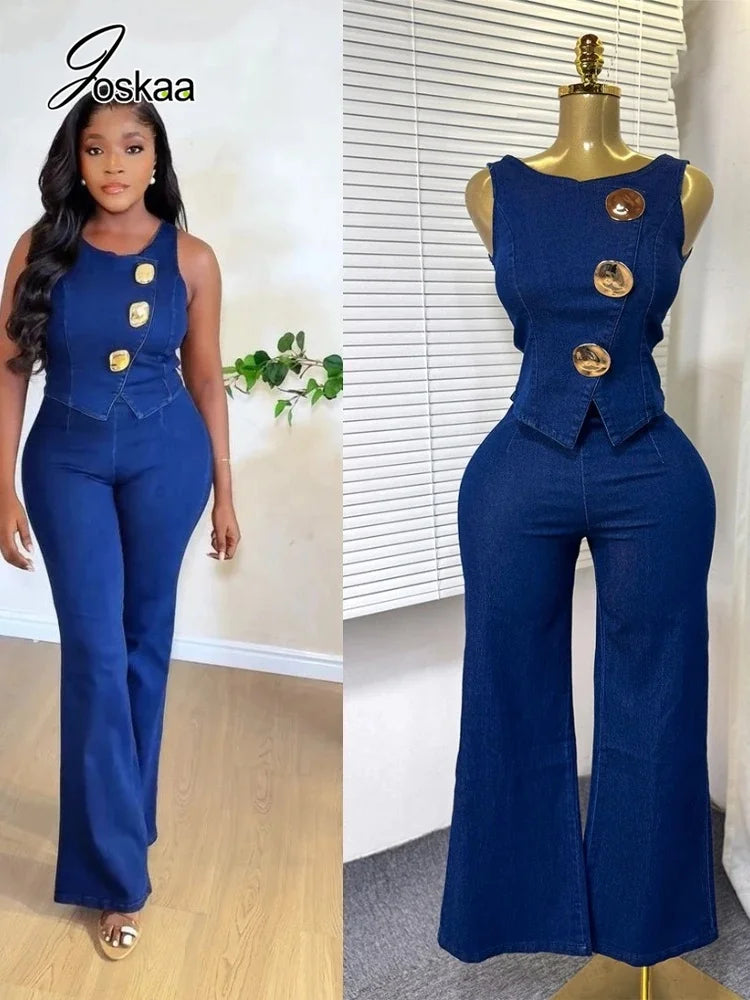 Women's Denim Crop Flare Zip Wide Leg Two Piece Set – Women's Fashion Wholesale – Front View