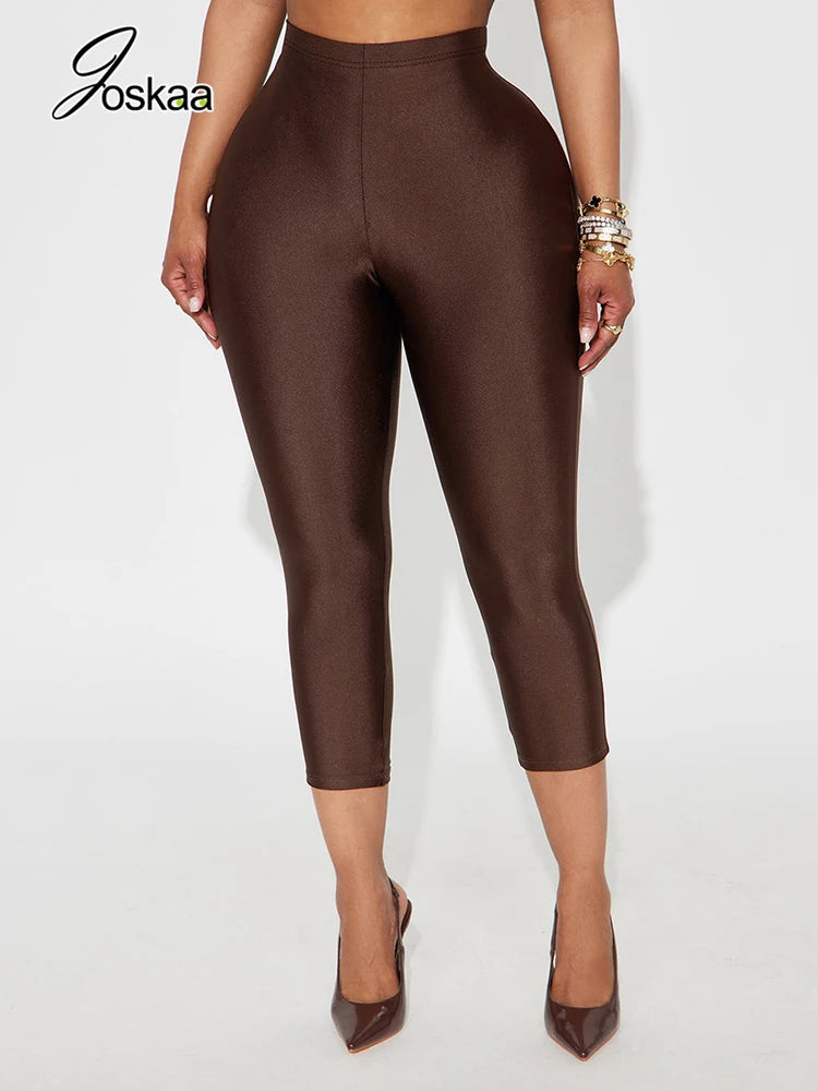 Women's Crop High Waist Bodycon Pants Top Brown – Front View
