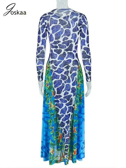 Women's Floral Print Mesh Long Sleeve Maxi Dress Blue Green – Detail View