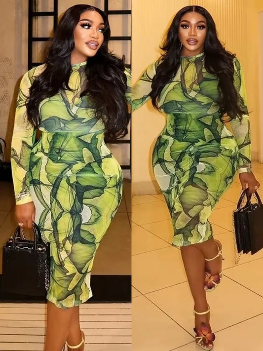 Women's Mesh Long Sleeve Bodycon Dress - Women's Fashion Wholesale - Front View