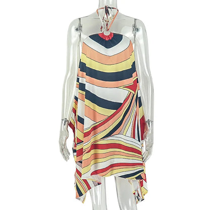 Women's Striped Backless Halter Mini Dress - Additional View 7