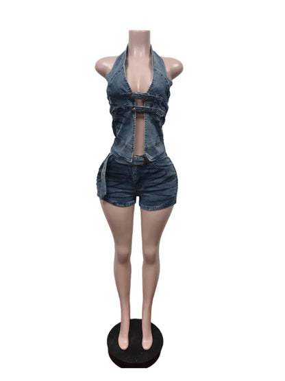 Women's Denim Backless Halter Two Piece Set