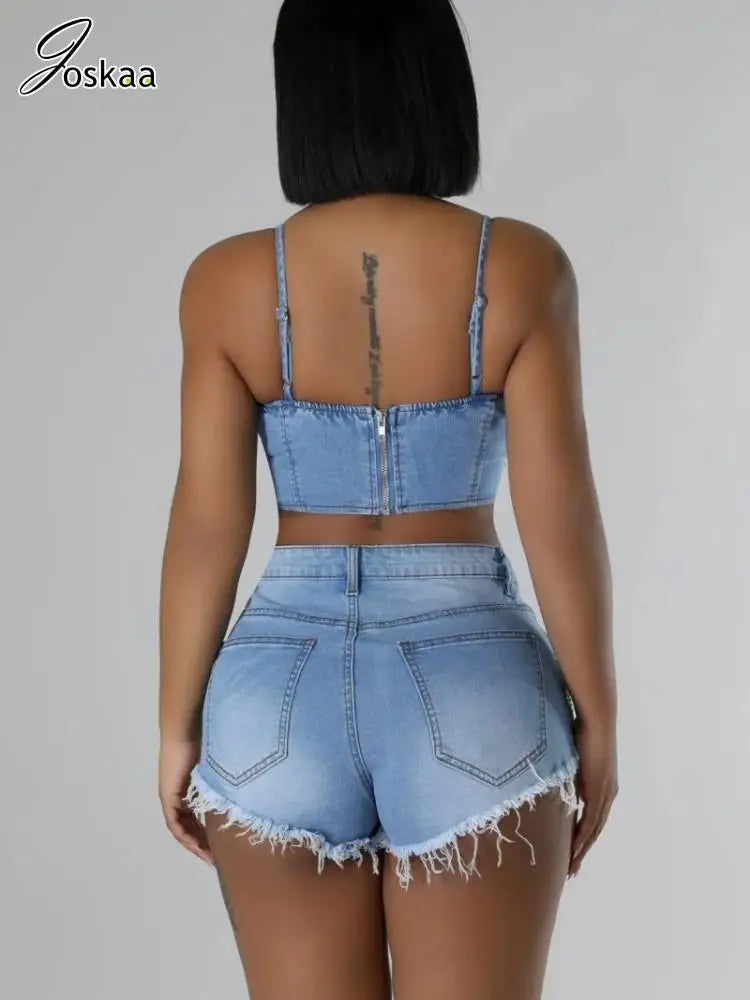 Women's Rhinestone Denim Crop Two Piece Set Blue – Side View