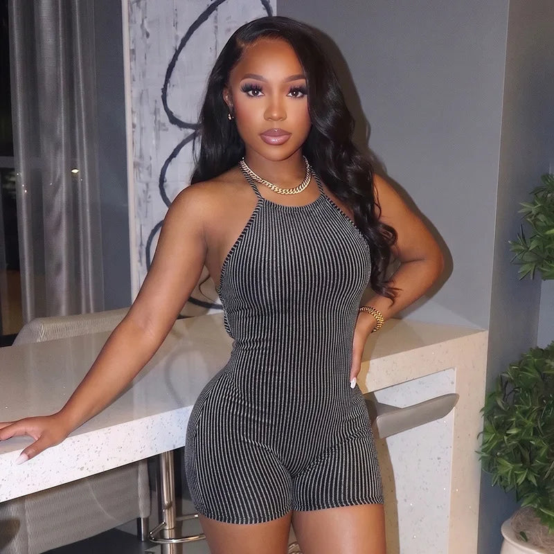 Women's Lace Knit Backless Halter Ribbed Romper