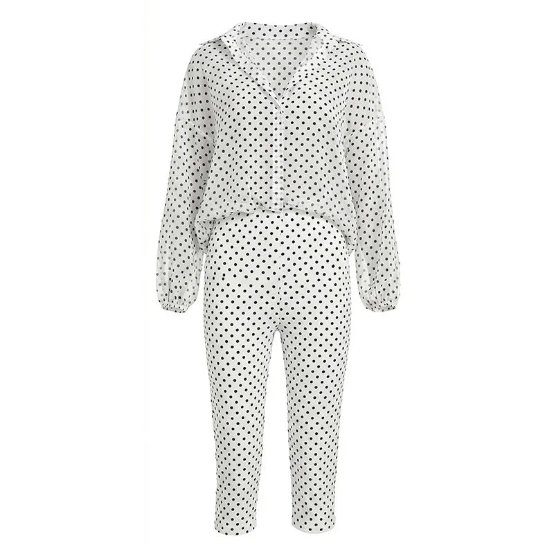 Women's Polka Dot Long Sleeve High Waist Two Piece Set Hipster - Detail View 6