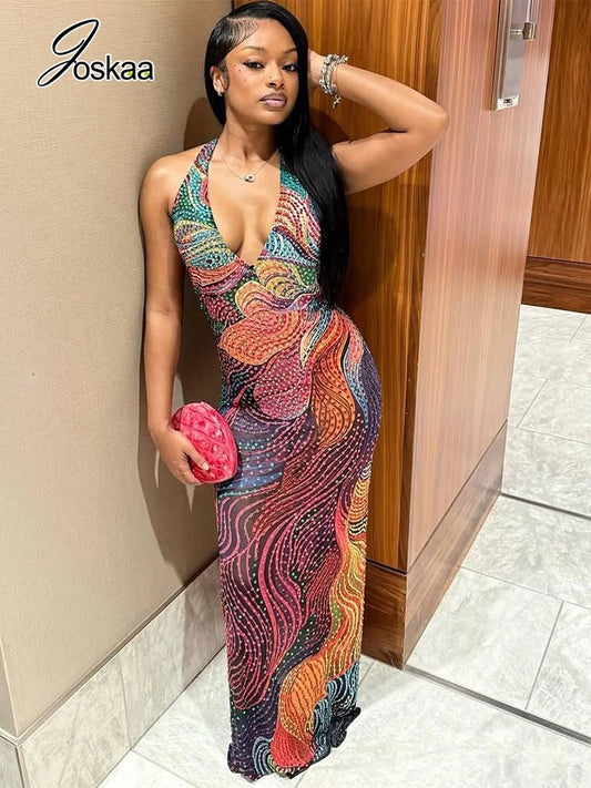 Women's Backless V-neck Halter Bodycon Maxi Dress - Women's Fashion Wholesale - Front View