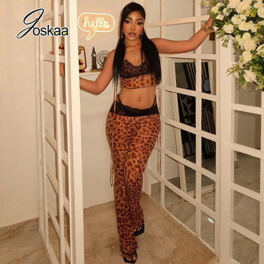 Women's Leopard Print Mesh Lace Sleeveless Two Piece Set - Front View