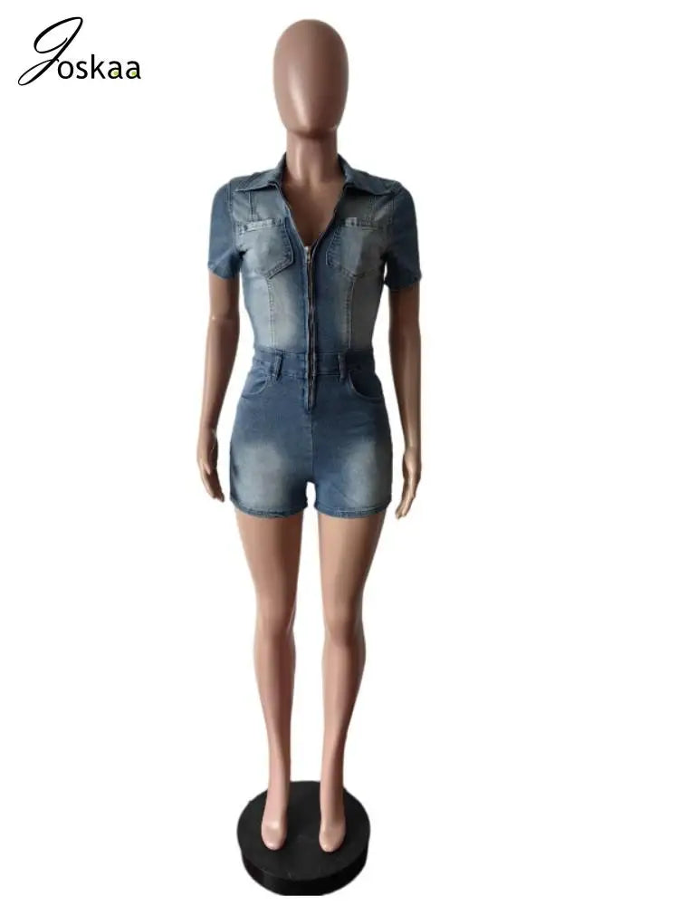 Women's Denim Short Sleeve Bodycon Romper Blue – Back View