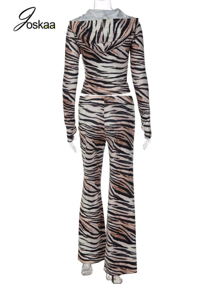 Women's Zebra Print Zip Up Long Sleeve High Waist Two Piece Set - Detail View