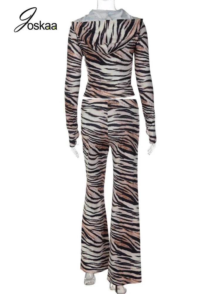 Women's Zebra Print Zip Up Long Sleeve High Waist Two Piece Set - Detail View