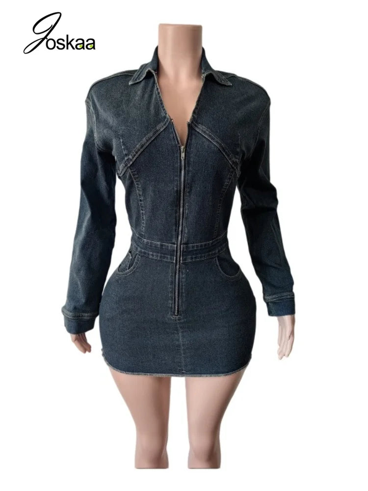 Women's Denim Print V-neck Zip Up Long Sleeve Mini Dress - Back View
