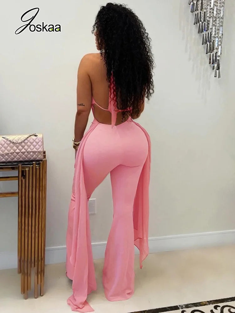 Women's Backless V-neck Halter Sleeveless Romper - Side View