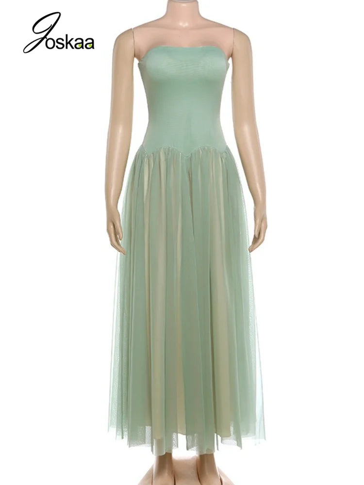 Women's Mesh Backless Strapless Maxi Dress Green – Back View