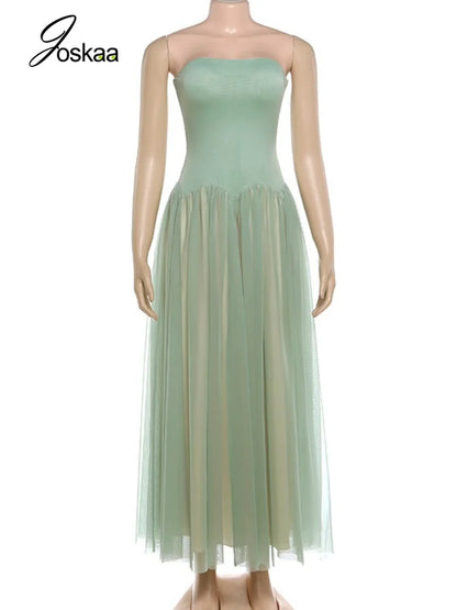 Women's Mesh Backless Strapless Maxi Dress Green – Back View