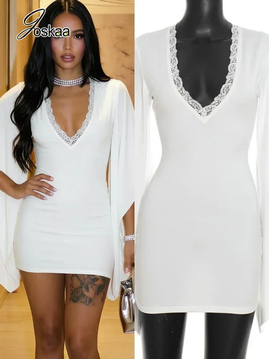 Women's Lace V-neck Long Sleeve Bodycon Mini Dress - Women's Fashion Wholesale - Front View