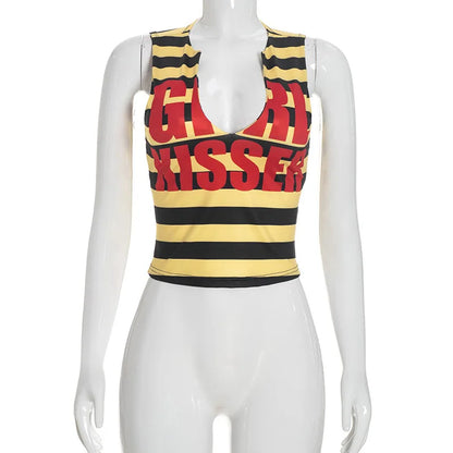 Women's Striped V-neck Sleeveless Bodycon Top - Additional View 9