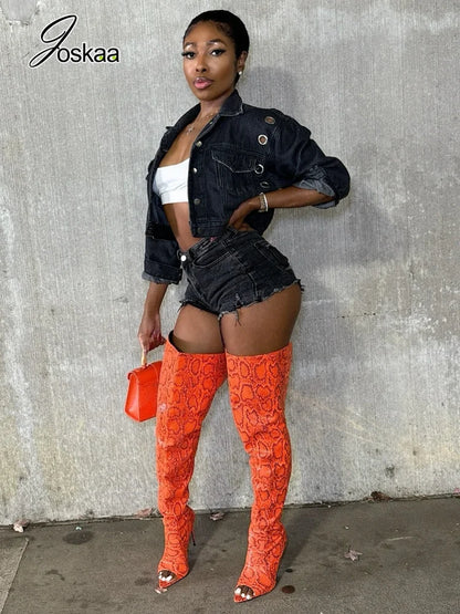 Women's Denim Print Long Sleeve Two Piece Set - Side View