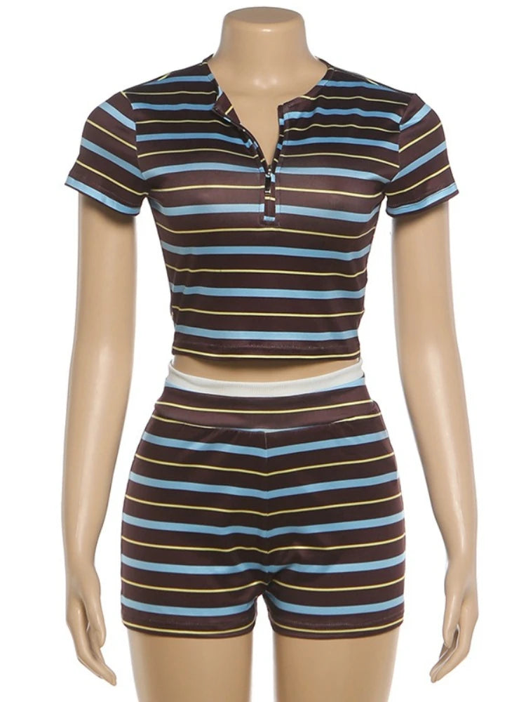 Women's Stripe Short Sleeve Crop Two Piece Set
