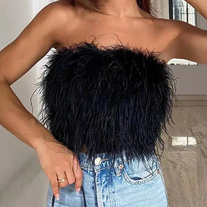 Women's Backless Strapless Crop Feather Tank Top