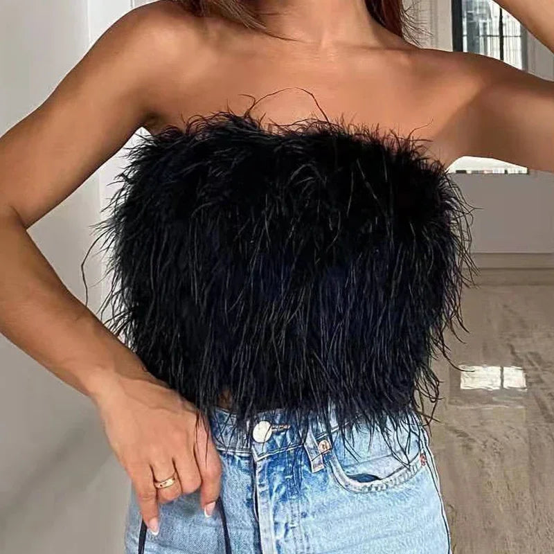 Women's Backless Strapless Crop Feather Tank Top