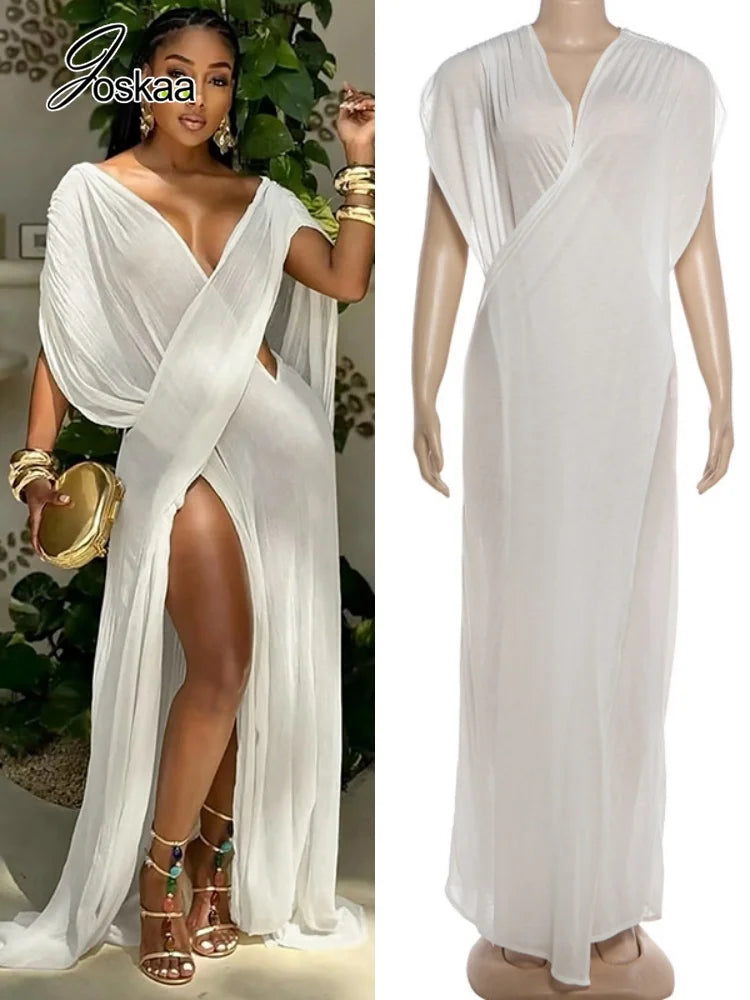 Women's Mesh Sheer Deep V-neck Maxi Dress – Women's Fashion Wholesale – Front View