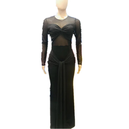 Wholesale Women's Mesh Bodycon Pleated Maxi Dress
