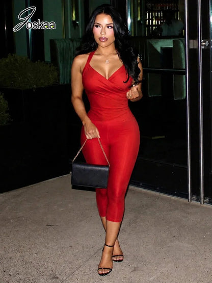 Women's Ruched Halter Crop Two Piece Set Red – Front View