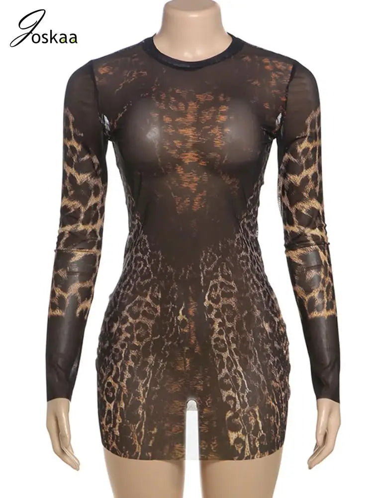 Women's Leopard Print Mesh Long Sleeve Mini Dress Leopard Print – Back View