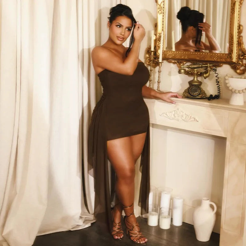 Women's Mesh Ruched Backless Strapless Mini Dress
