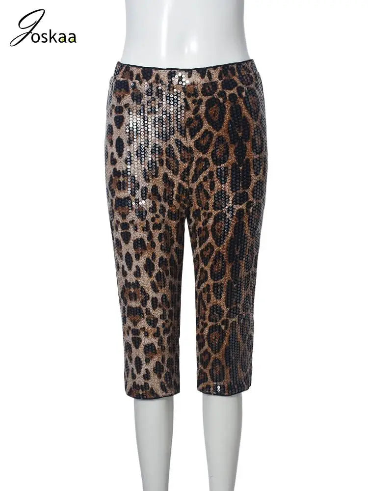 Women's Leopard Print Sequin Crop Bodycon Pants Top Gray Leopard – Back View