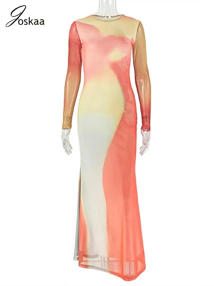 Women's Long Sleeve Fall Color Block Bodycon Dress Orange Yellow – Back View