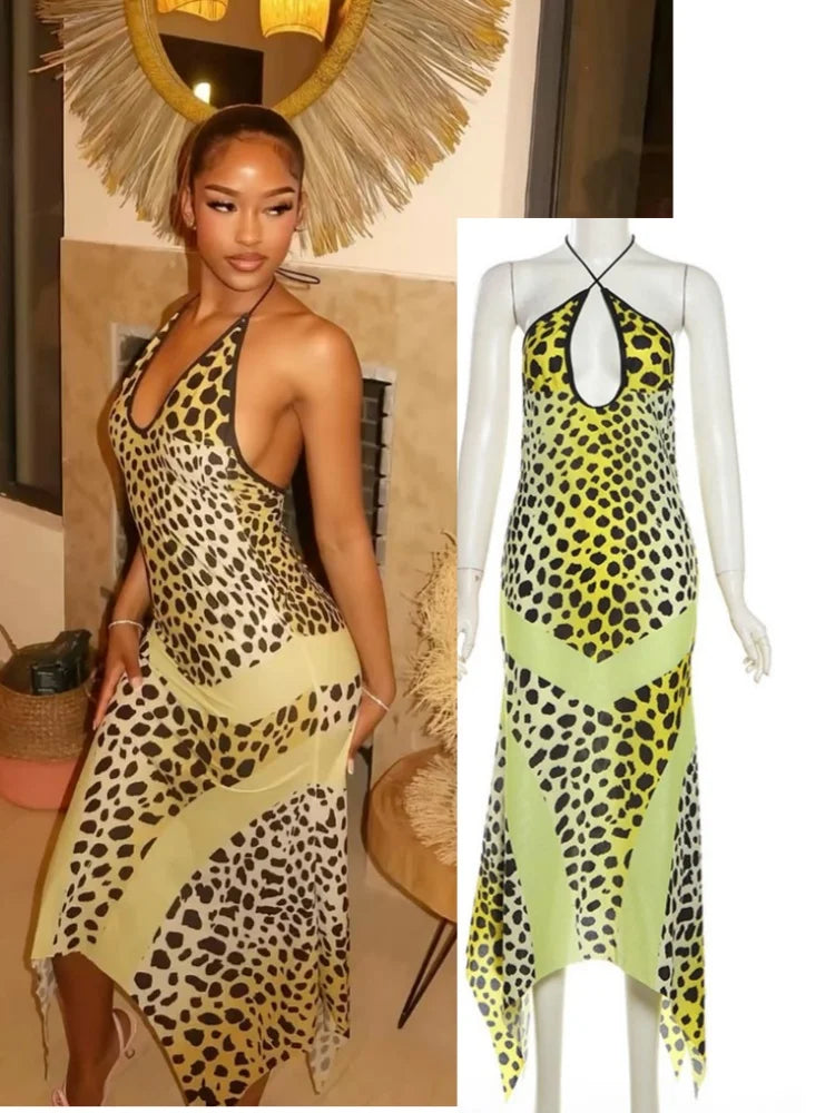 Women's Leopard Print Backless Sleeveless Maxi Dress