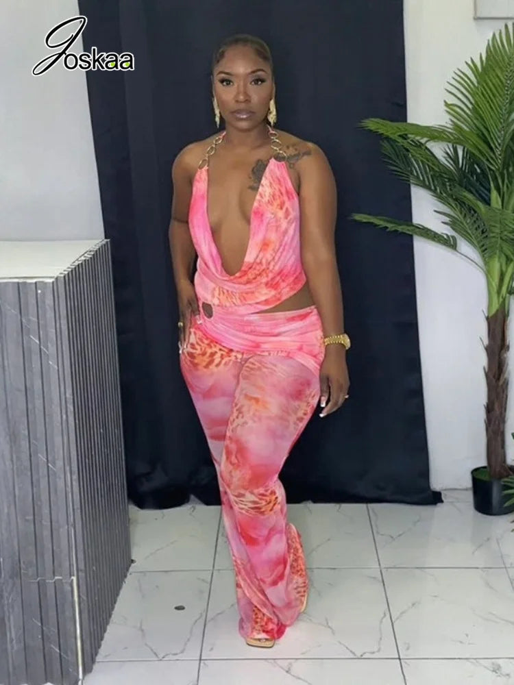 Women's Mesh Backless Cutout Halter Romper Pink – Front View
